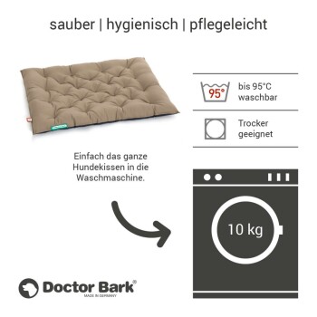Hundebett von Doctor Bark, waschbar bis 95°C, trocknergeeignet, mit dem Text: "Einfach das gesamte Hundebett in die Waschmaschine geben."