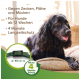Un chien noir heureux se repose sur un coussin, avec un texte mettant en avant un collier anti-puces et tiques pour chiens de plus de 12 semaines, offrant 4 mois de protection.