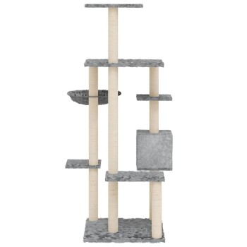 Grau mehrstöckiger Kratzbaum für Katzen mit Kratzpfosten, Plattformen und einem gemütlichen Korb. Ideal zum Klettern und Entspannen.