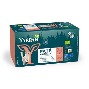 Boîte multipack de pâtée biologique Yarrah BIO pour chats avec illustration de chat ; poulet, saumon et algues, sans céréales, 8x100 g.