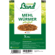 Getrocknete Mehlwürmer in einer 5L-Packung mit der Aufschrift "HühnerLand", mit Fütterungsempfehlungen und Nährwertanalyse auf Deutsch.