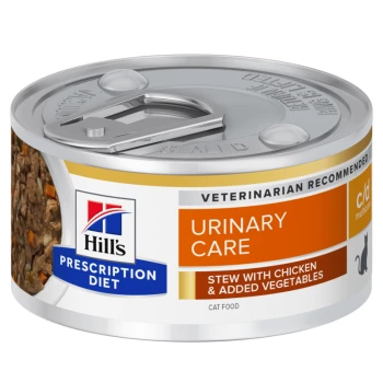 Dose Hill's Prescription Diet Urinary Care Katzenfutter, mit einem Zugdeckel, gekennzeichnet als "Eintopf mit Huhn & hinzugefügtem Gemüse."