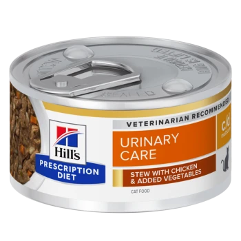 Dose Hill's Prescription Diet Urinary Care Katzenfutter, mit einem Zugdeckel, gekennzeichnet als "Eintopf mit Huhn & hinzugefügtem Gemüse."