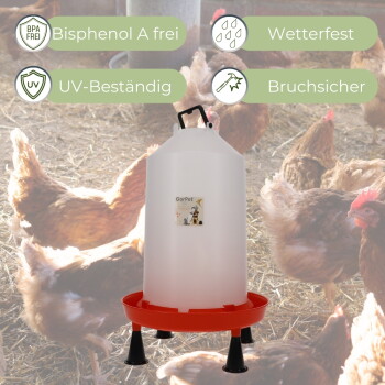 Weißer Hühnertränke mit roter Auffangschale und schwarzen Beinen; sichtbare Beschriftungen: 'Bisphenol A frei', 'UV-beständig', 'Wetterfest', 'Bruchsicher'.