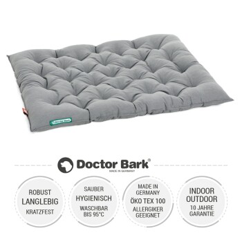 Graues Haustierbett mit gepolstertem Design, beschriftet mit "Doctor Bark," mit Text über Haltbarkeit, Hygiene und Pflegehinweise.