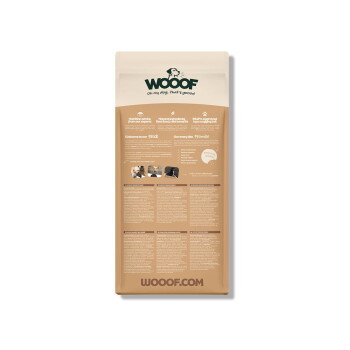 Hellbrauner WOOOF-Hundefutterbeutel mit Hundelogo, Slogan 'Oh my dog, that's goood' und WOOOF.COM am unteren Rand