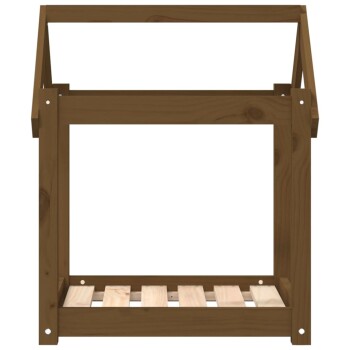 Holz-Haustierbettgestell mit einem Lattenboden und einem geneigten Dachdesign, das eine natürliche Oberfläche zeigt.