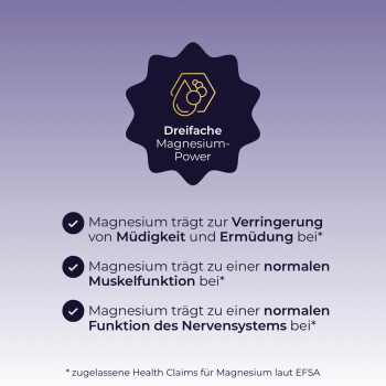 Abzeichen „Dreifache Magnesium‑Power“; reduziert Müdigkeit/Erschöpfung; unterstützt normale Muskel‑ und Nervenfunktion; EFSA‑zugelassen
