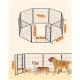 Ein sechseckiger Spielbereich für Haustiere mit den Abmessungen: 210 cm Breite, 80 cm Höhe und 38 cm Türhöhe, mit einem Corgi und einem Golden Retriever.