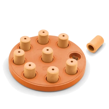 Ein rundes, orangefarbenes Haustier-Puzzle-Spielzeug mit acht zylindrischen Löchern und abnehmbaren Stiften, entworfen für interaktives Spielen und geistige Anregung.