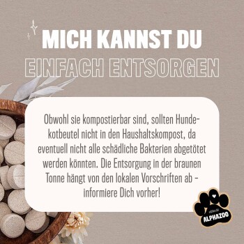 Holzschale mit leichten Tabletten und einem Textfeld zur Entsorgung von Hundekotbeuteln, plus "ALPHAZOO"-Logo in der unteren rechten Ecke.