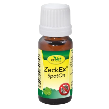 Braune Flasche von cdVet ZeckEx SpotOn, ein natürliches Floh- und Zeckenmittel für Haustiere, mit einem grünen Blätterdesign und einem Symbol für keine Schädlinge.