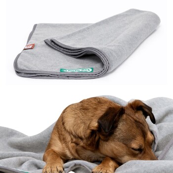 Eine gefaltete graue Haustierdecke mit einem "Doctor Bark"-Label, neben einem gemütlichen Hund, der auf der Decke ruht.
