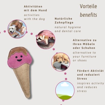 Ein süßes Hundespielzeug in Form eines Eisbechers, mit Symbolen für Aktivitäten, Zahnpflege, Möbelalternative und Stressabbau.