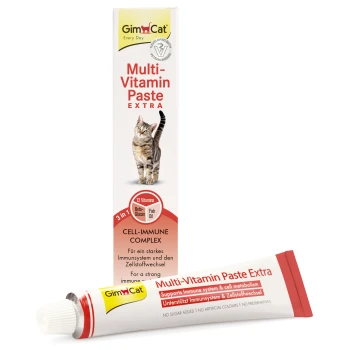 GimCat Multi-Vitamin Paste Extra Tube und Verpackung mit Bild einer getigerten Katze; Angabe 'Cell-Immune Complex' und '12 Vitamins'
