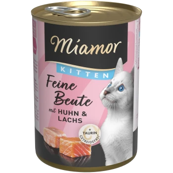 Miamor Kitten Nassfutterdose mit Huhn und Lachs, getreidefrei, mit Taurin, und einem weißen Kätzchen mit blauen Augen auf dem Etikett.