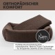 Orthopädisches Haustierbett in Braun, mit Memory-Schaum-Technologie zur Unterstützung der Gelenke. Text hebt die perfekte Druckverteilung zur Entspannung hervor.