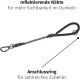 Reflektierende Hundeleine mit einem Karabinerclip und einem Verbindungshaken für Zubehör, mit Text über Sichtbarkeit im Dunkeln.