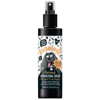Haferflocken-Deodorantspray für Hunde in einer schwarzen Flasche, mit einem Cartoon-Hund und dem Text: "Bugalugs - Hält mich juckfrei und riecht großartig!"
