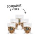 Sparpaket mit Haustierleckereien, bestehend aus fünf 250g transparenten Beuteln gefüllt mit knusprigen Snacks, beschriftet mit Nährwertinformationen.