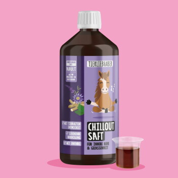 Eine Flasche "Chillout Saft" von "Tierliebhaber" mit einem rosa Etikett, umgeben von Lavendel-, Pfefferminz- und Kamillenblüten.