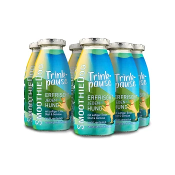 Trinkpause 6x250 ml Sechs "Smoothie Dog" Trinkflaschen für Hunde, beschriftet "Trinkpause" und "Erfrischt jeden Hund," die Ente, Obst und Gemüse zeigen.