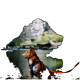 Ein brauner Hund, der ein blaues Geschirr trägt, steht an einem Fluss, mit einem dunklen Höhleneingang und üppigem Grün im Hintergrund.
