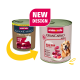 Zwei Animonda GranCarno Hundefutterdosen, Single Protein Rind PUR (Pure Beef), 'NEW DESIGN'-Badge, gelber Pfeil.
