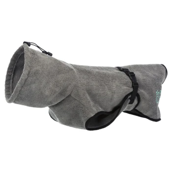 Grauem Haustier-Trocknungsanzug mit Kapuze, verstellbarem Kordelzug und schwarzem Rand, entworfen für Hunde nach dem Baden oder Schwimmen.