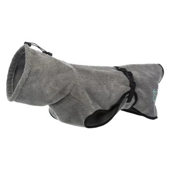Grauem Haustier-Trocknungsanzug mit Kapuze, verstellbarem Kordelzug und schwarzem Rand, entworfen für Hunde nach dem Baden oder Schwimmen.