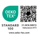 Oeko-Tex Standard 100 Zertifizierungslogo mit einem grünen Tropfen, QR-Code und Text: "21.HCN.50013 Hohenstein HTTI www.oeko-tex.com".