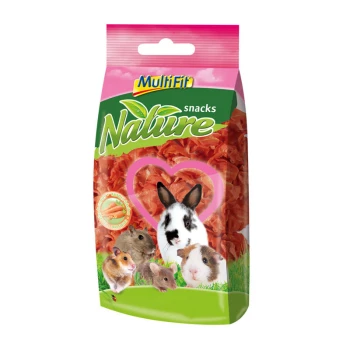 A colorful pet snack package labeled "MultiFit Nature Snacks," featuring a heart shape and images of a rabbit, guinea pig, hamster, and mouse.