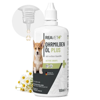 Flasche REAVET Ohrmilben Öl Plus für Haustiere, mit einem Corgi auf dem Etikett, mit dem Text, der angibt, dass es Kamille enthält und in Deutschland hergestellt wird.