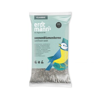 Tüte Erdtmann's Classic Sonnenblumenkerne für Vögel mit blauer und gelber Vogelillustration auf hellblauem Hintergrund.