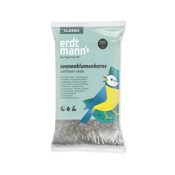 Tüte Erdtmann's Classic Sonnenblumenkerne für Vögel mit blauer und gelber Vogelillustration auf hellblauem Hintergrund.
