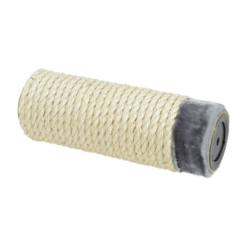 Cylindryczny drapak pokryty naturalnym sznurkiem sizalowym z miękkim szarym końcem, zaprojektowany dla kotów.