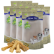 Sechs Tüten Lyra Pet Nature Power Hundeleckerlis werden angezeigt, mit einer Vielzahl von Hundeknochen-Kauartikeln davor.
