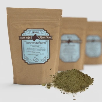 Braune Papiertüte mit der Aufschrift "Sonnenaufgang" und blauen Akzenten, die ein pflanzliches Ergänzungsmittel für Hunde enthält, das die Leber und die Verdauung unterstützt.