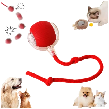 Rotes Gummispielzeug für Haustiere mit einer klaren Hülle und einem roten Seil, umgeben von Bildern eines Hundes, einer Katze und einem verspielten Kätzchen.