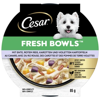 Cesar Fresh Bowls Hundefutter mit Ente, rotem Reis, Karotten, lila Kartoffeln und frischem Gemüse, 85g.
