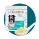 Behälter mit MEDI+DOG Dental Pops für Hunde, mit einem lächelnden Hund auf dem Etikett, mit Text, der die Vorteile der Zahnpflege und die Inhaltsstoffe hervorhebt.