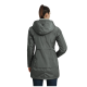 Eine Frau trägt eine stilvolle, graue Jacke mit Kapuze, von hinten gesehen, die ihr schlankes Design und die Taschen zeigt.