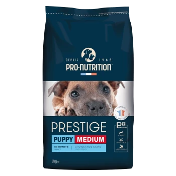 Blauer 3-kg-Beutel Pro-Nutrition Prestige Welpenfutter (Medium) mit Welpenfoto und 'PUPPY MEDIUM'-Aufdruck.