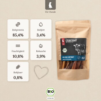 Kraftbeutel mit der Aufschrift „Liebesgut“ Bio-Rind-Hundesnacks, Kuh-Illustration, Überschrift „Für Hunde“, Bio-Logo, Rohprotein 85,4%.