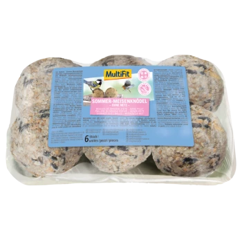 MultiFit Summer Suet Balls package containing six bird feed balls, featuring images of birds and nutritional information in multiple languages.