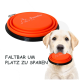 Orangenes, zusammenklappbares Hundefrisbee mit schwarzem Rand, mit dem Text "Faltbar um Platz zu sparen" neben dem Hals eines Hundes.