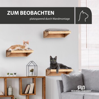 Zwei Katzen, die auf hölzernen Wandregalen in einem modernen Wohnzimmer entspannen, mit dem sichtbaren Text 'ZUM BEOBACHTEN platzsparend durch Wandmontage'.