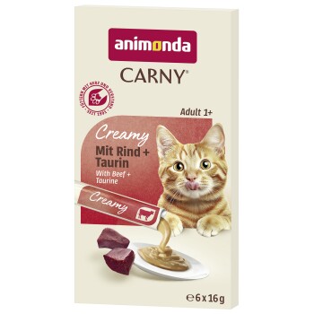 Animonda CARNY Creamy Katzenfutter-Packung mit orange getigerter Katze, die leckt, "Mit Rind + Taurin", Adult 1+, 6x16 g