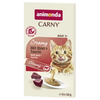 Animonda CARNY Creamy Katzenfutter-Packung mit orange getigerter Katze, die leckt, "Mit Rind + Taurin", Adult 1+, 6x16 g