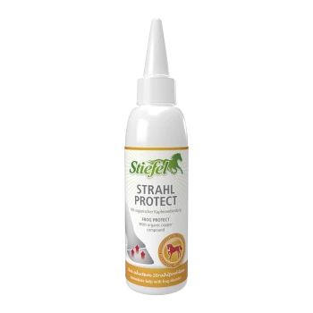 Flasche des Stiefel Strahl Protect Hufpflegeprodukts für Pferde, mit einem weißen Design und grünen sowie orangefarbenen Akzenten.